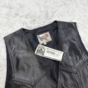 Vintage Leather Vest Mens 3XL Black Lace Sides Moto Western VTG 90's Snap Front